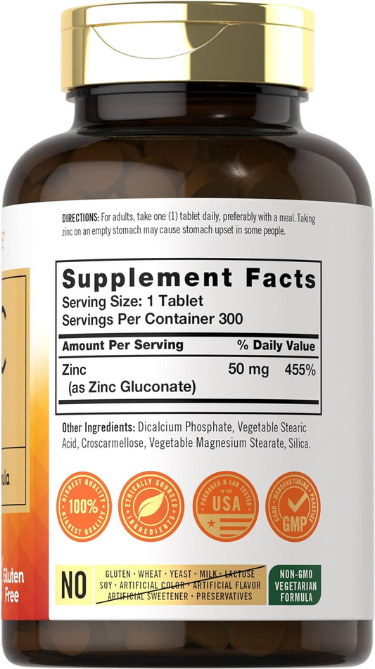 Zinc 50Mg | 300 Tablets | Vegetarian, Non-Gmo, And Gluten Free Supplem
