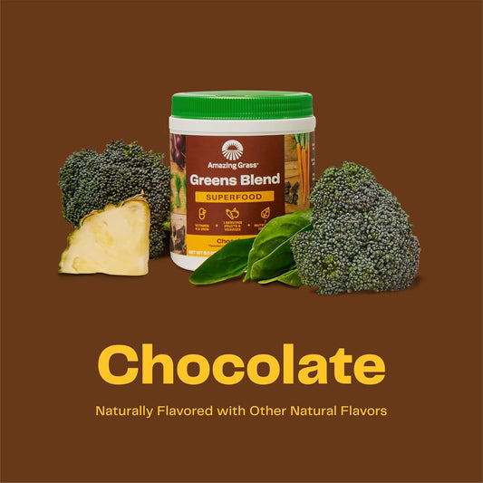 Amazing Grass Greens Superfood Powder: Greens Powder With Digestive Enzymes & Probiotics, Organic Spirulina, Chlorella, And Beet Root Powder, Chocolate, 100 Servings