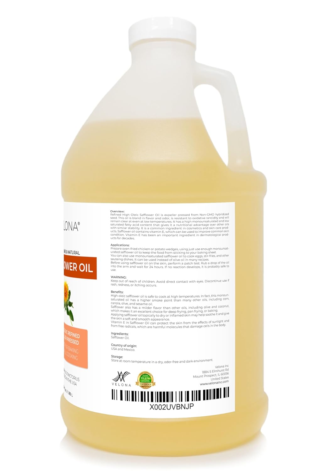 velona Safflower Oil 64 oz | 100% Pure and Natural Carrier Oil | Refined, Expeller Pressed | Cooking, Skin, Hair, Body & Face Moisturizing | Use Today - Enjoy Results : Grocery & Gourmet Food