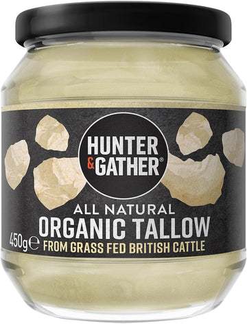 Hunter & Gather Organic Beef Tallow From Grass Fed British Cows 450G | Gluten Free, Seed Oil Free | Keto, Low Carb, Paleo I Ancestrally Inspired Nutrition I Simply 1 Ingredient I Glass Jar