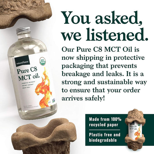 Natural Force Organic Pure C8 Mct Oil – Liquid Mct Oil In Glass Bottle Container – Concentrated Caprylic Acid – Keto, Paleo, Kosher, Vegan & Non-Gmo – Lab Tested For Quality And Purity, 32 Ounce