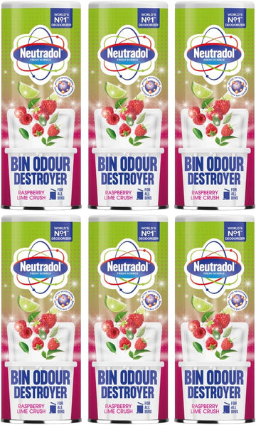 Neutradol Dustbin Odour Destroyer, Bin Freshener Deodorising Powder, Odour Eliminator For Indoor & Outdoor Bins, Raspberry Lime Crush, Multipack Of 6 X 350G