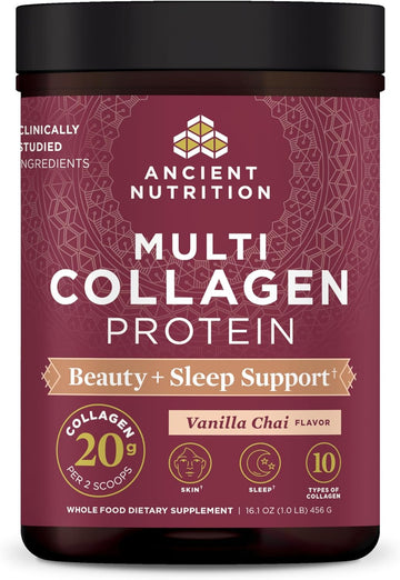 Ancient Nutrition Collagen Powder Protein, Multi Collagen Protein Beauty + Sleep With Vitamin C, Vanilla Chai, Hydrolyzed Collagen Peptides Supports Skin And Nails, Sleep, 16.1Oz