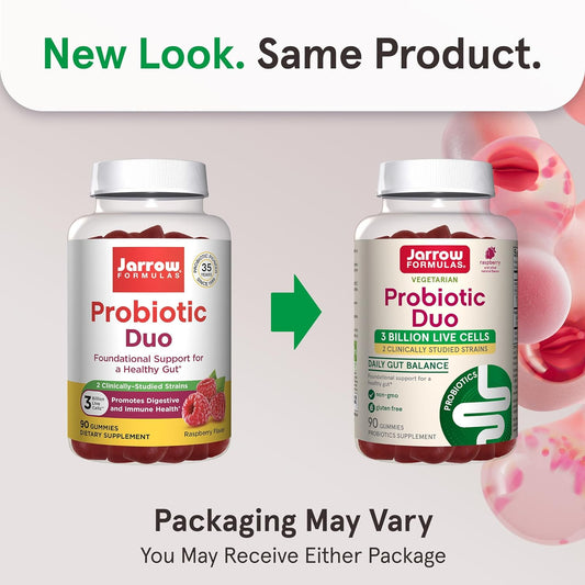Jarrow Formulas Probiotic Duo 3 Billion Live Cells With 2 Clinically-Studied Strains, Dietary Supplement For Digestive And Immune Health Support, 90 Raspberry-Flavored Gummies, 45 Day Supply