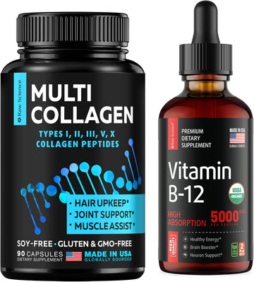 S Raw Science Healthy Hair & Nails & Joint Support, Healthy Heart & Mood & Energy Booster & Metabolism β Multi Collagen Capsules 90Pcs And Vitamin B12 Drops 5000Mcg