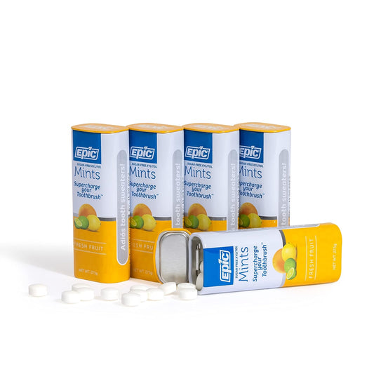 Epic Xylitol Mints - Sugar Free & Aspartame Free Mints Sweetened W/Xylitol For Dry Mouth & Gum Health (Fresh Fruit, 55-Piece Tin, 5 Tins)