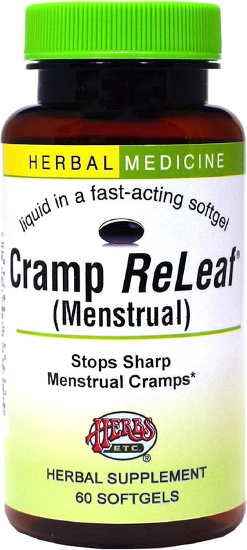 Herbs Etc. Cramp Releaf (Menstrual) - Abdominal Muscle Support - Herbal Supplement To Aid Menstrual Health - Period Cramp Support With Black Haw, Cramp Bark And Bethroot - 60 Softgels (60 Servings)