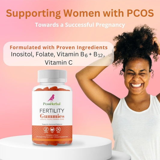 Pcos Herbal Prenatal Fertility Gummies With Inositol, Folic Acid, Vitamin B Complex. Supports Conception, Hormone Balance, Ovulation For Women, Strawberry Flavor, 90 Count