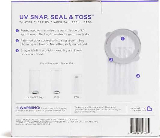 Munchkin® Uv Snap, Seal & Toss⢠Diaper Pail Refill Bags, Holds Up To 600 Newborn Diapers, 20 Pack