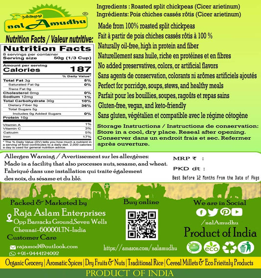 Nalamudhu Daliya Split (Oil-Free Roasted Split Chickpeas Dalia) All Natural | Vegan | Indian Origin-454G | 1Lbs | 16 Oz