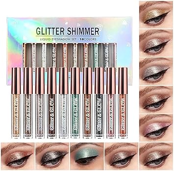 10 Color Metallic Glitter Liquid Eyeshadow Set, Waterproof Smoky Eye Makeup, Long-Lasting Quick-Drying Glitter Eye Makeup Kit (A)