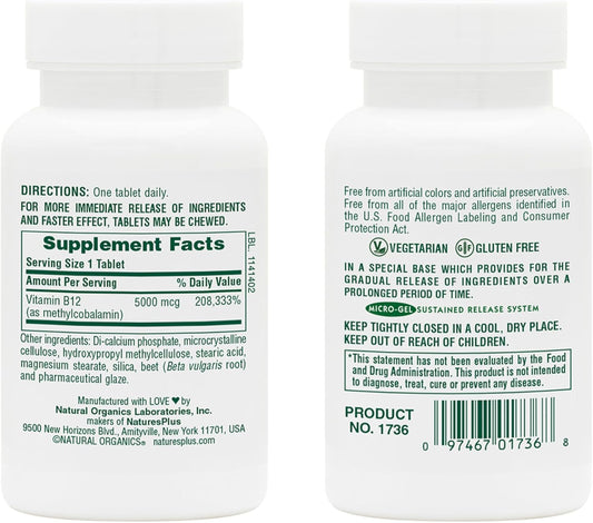 Natures Plus Shot-O-B12 5000 Mcg - 30 Sustained Release Tablets, Pack Of 2 - Supports Energy Production & Mood - Vegetarian, Gluten Free - 60 Total Servings