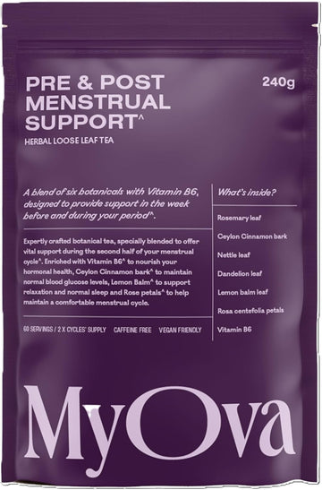 Myova Pre & Post Menstrual Support Tea - Period Pain Relief Tea - Hormone Balance With Rosemary Leaf - Lemon Balm For Bloating Relief - Vegan & Organic - 240G, 60 Servings, 30 Days Supply