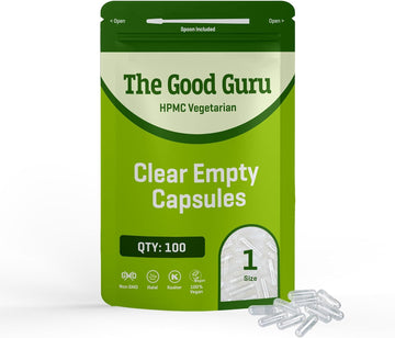 The Good Guru Clear Empty Vegetarian Capsules Size 1 | Qty 100 Gluten Free, Non-Gmo, Includes Micro Lab Spoon