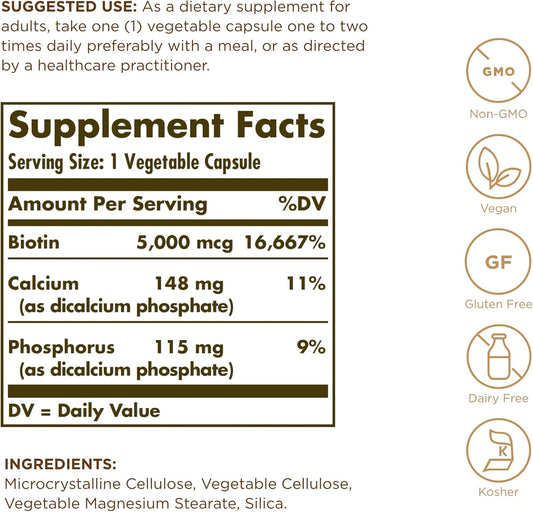 Solgar Biotin 5000 Mcg - 50 Vegetable Capsules, Pack Of 2 - Supports Healthy Skin, Nails & Hair - Non-Gmo, Vegan, Gluten Free, Dairy Free, Kosher - 100 Total Servings