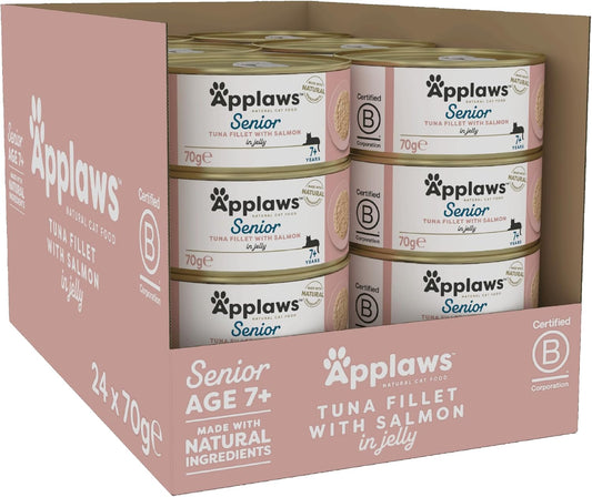 Applaws Natural Senior Wet Cat Food,Tuna With Salmon In A Soft Mousse Jelly 70G Tin (Pack Of 24 X 70G Tins)1328Ce-A