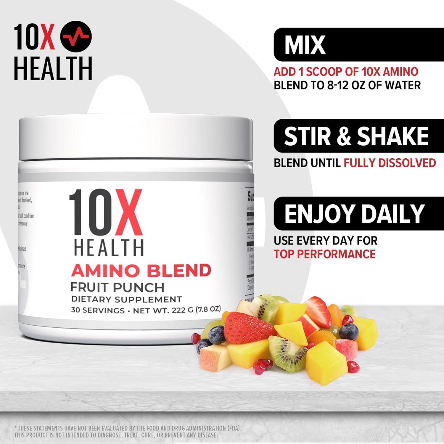 10X Health Amino Blend Fruit Punch - Contains Eaa And Bcaa Amino Acids Supplement - Essential Amino Acids Powder For Men And Women, Pre And Post-Workout Amino Energy Boost - 30 Servings : Health & Household