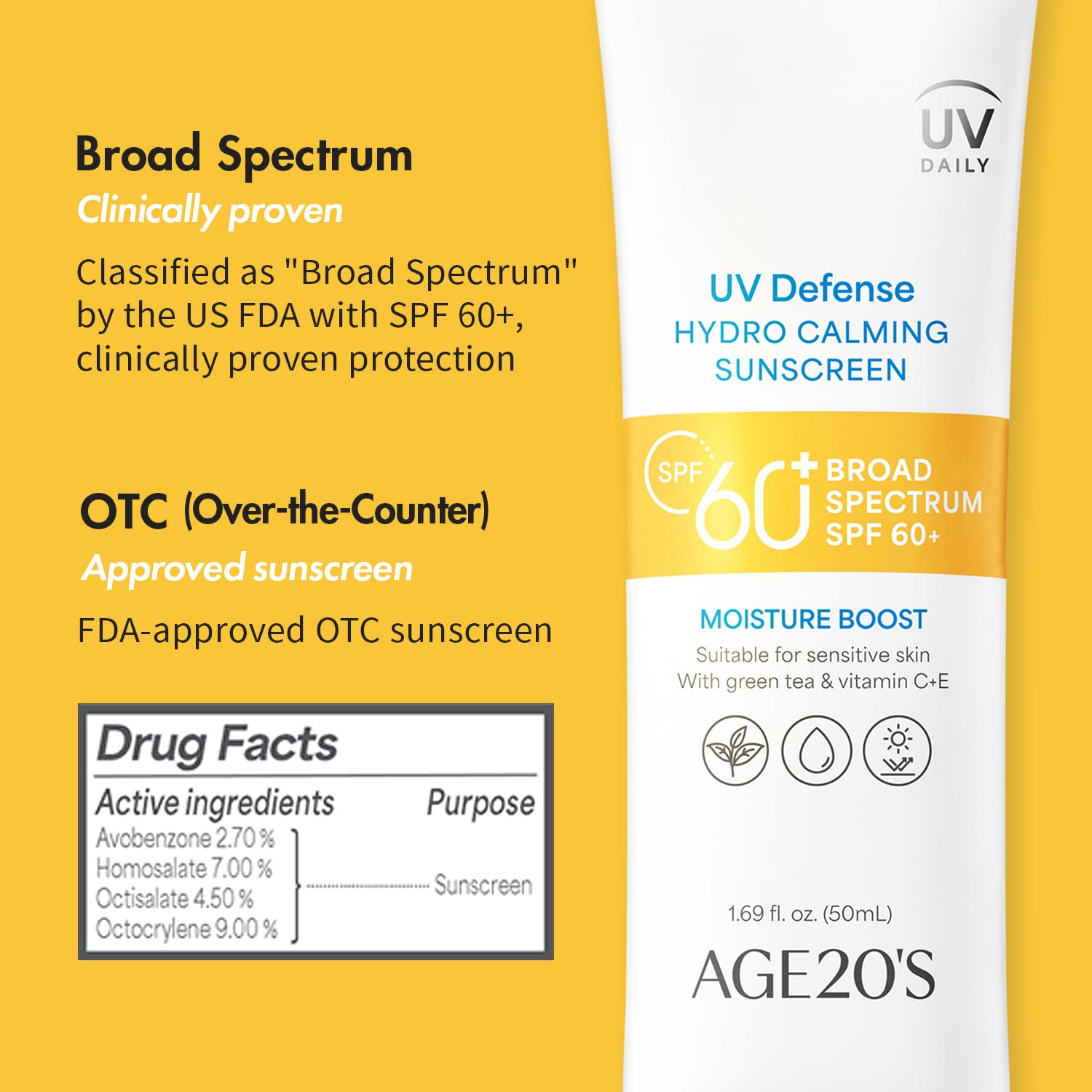 Age20'S Uv Defense Hydro Calming Sunscreen Spf 60+ | Korean Sunscreen | Moisturizing Creamy Formula, No White Cast, Lightweight Finish | Green Tea + Aloe Vera | Dermatest Excellent | 1.69 Fl.Oz*1 : Beauty & Personal Care
