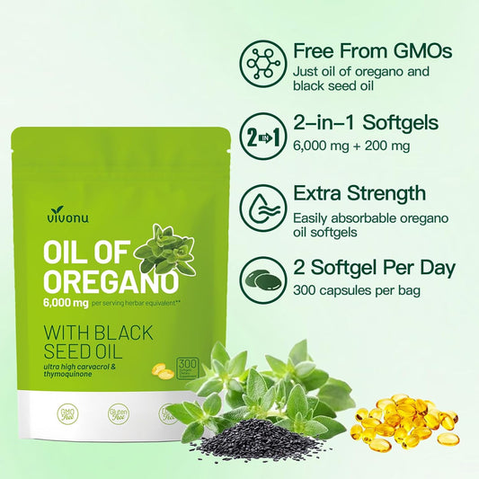 Oil Of Oregano Capsules, Balanced Oil Of Oregano With Black Seed Oil, Organic Oregano Oil Softgels,Carvacrol & Thymoquinone, Non-Gmo & Immune Support