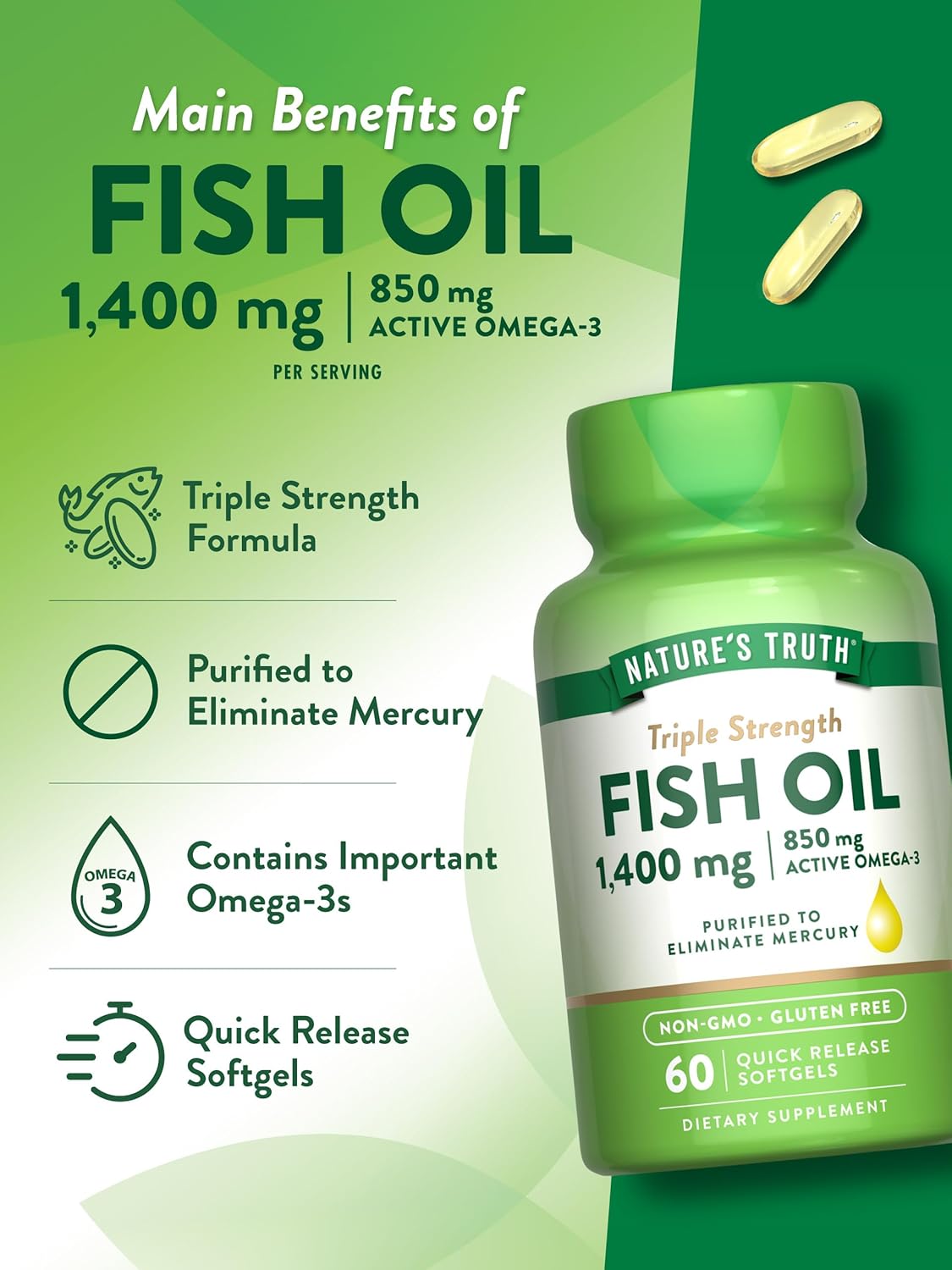 Nature's Truth Triple Strength Fish Oil Softgels | 1400 mg | 60 Count | Active Omega 3 | Non-GMO & Gluten Free Supplement : Health & Household