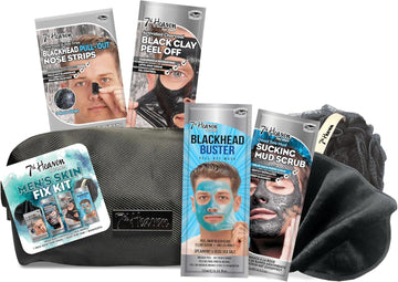 7Th Heaven Men’S Skin Essentials Gift Set – 3 Face Masks With Charcoal & Dead Sea Salt + T-Zone Pore Strips, Black Wash Bag, Exfoliating Body Puff & Face Cloth – Deep Cleansing Skincare Gift For Him