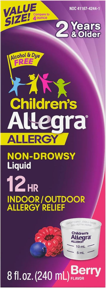 Allegra Children'S 12-Hour Allergy Relief Liquid, Non-Drowsy Indoor And Outdoor Allergy Medicine, 30 Mg Fexofenadine Hci Antihistamine For Kids, Berry Flavor, 8 Oz