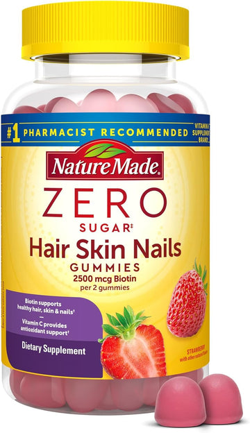 Nature Made Zero Sugar Hair Skin Nails Gummies, Biotin 2500 Mcg Per Serving, 120 Sugar Free Gummies, 60 Day Supply