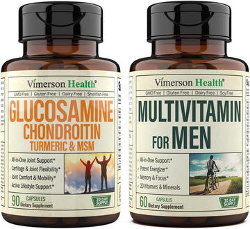 Vimerson Health Glucosamine Chondroitin Turmeric Msm + MenS Multivitamin 2-Bottle Supplement Bundle For Him. Joint Health, Inflammatory Response, Immune Support, Antioxidant Properties