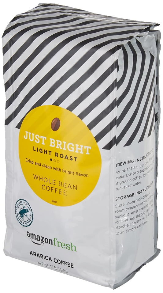 Amazon Fresh, Just Bright Whole Bean Coffee, Light Roast, 12 Oz
