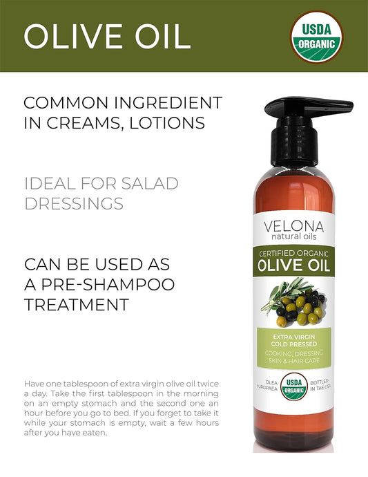 Velona Usda Certified Organic Olive Oil - 8 Oz | 100% Pure And Natural Carrier Oil | Extra Virgin, Unrefined, Cold Pressed | Cooking, Dressing, Face, Hair, Body & Skin Care | Use Today - Enjoy Results