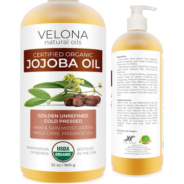 velona Jojoba Oil USDA Certified Organic - 32 oz (With Pump) | 100% Pure and Natural Carrier Oil| Golden, Unrefined, Cold Pressed, Hexane Free