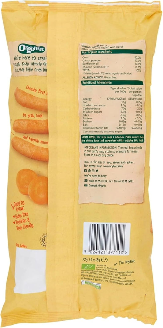 Organix Melty Carrot Puffs, Organic Baby Snack, Finger Food, Multipack, 4 X 18 G Bags Per Pack (4 Packs Total)