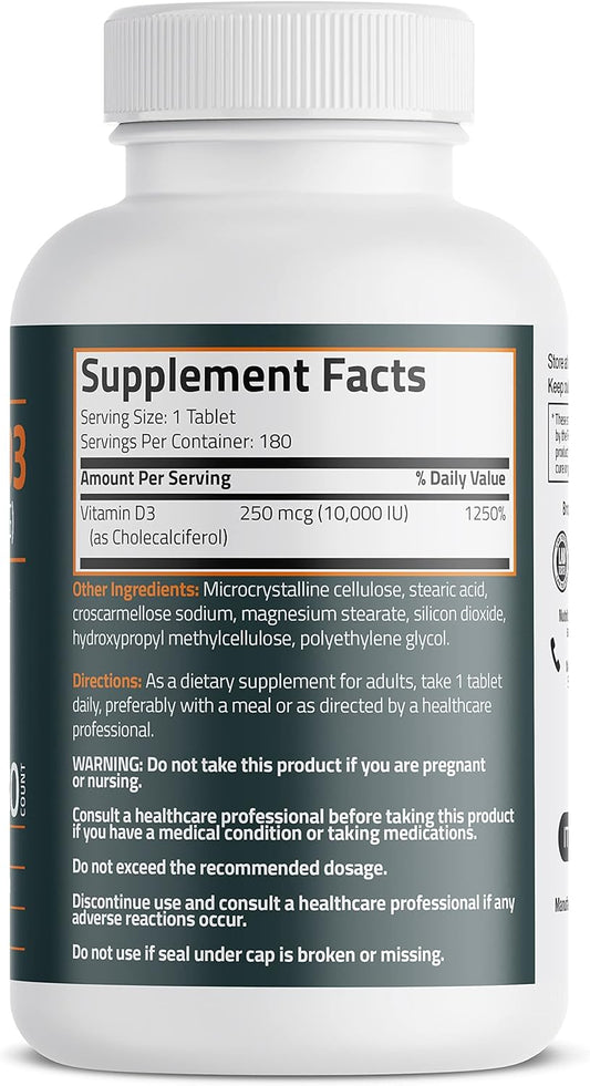 Bronson Vitamin D3 10,000 Iu (250 Mcg) For Healthy Muscle Function And Immune Support, Non-Gmo, 180 Tablets