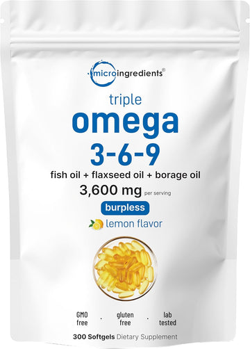 Ultra Omega 3-6-9 3600Mg Per Serving, 300 Burpless Softgels | Lemon Flavor β Blend Of Fish, Flaxseed, Borage Oils | Bioavailable Source, Non-Gmo, No Gluten, Mercury Free