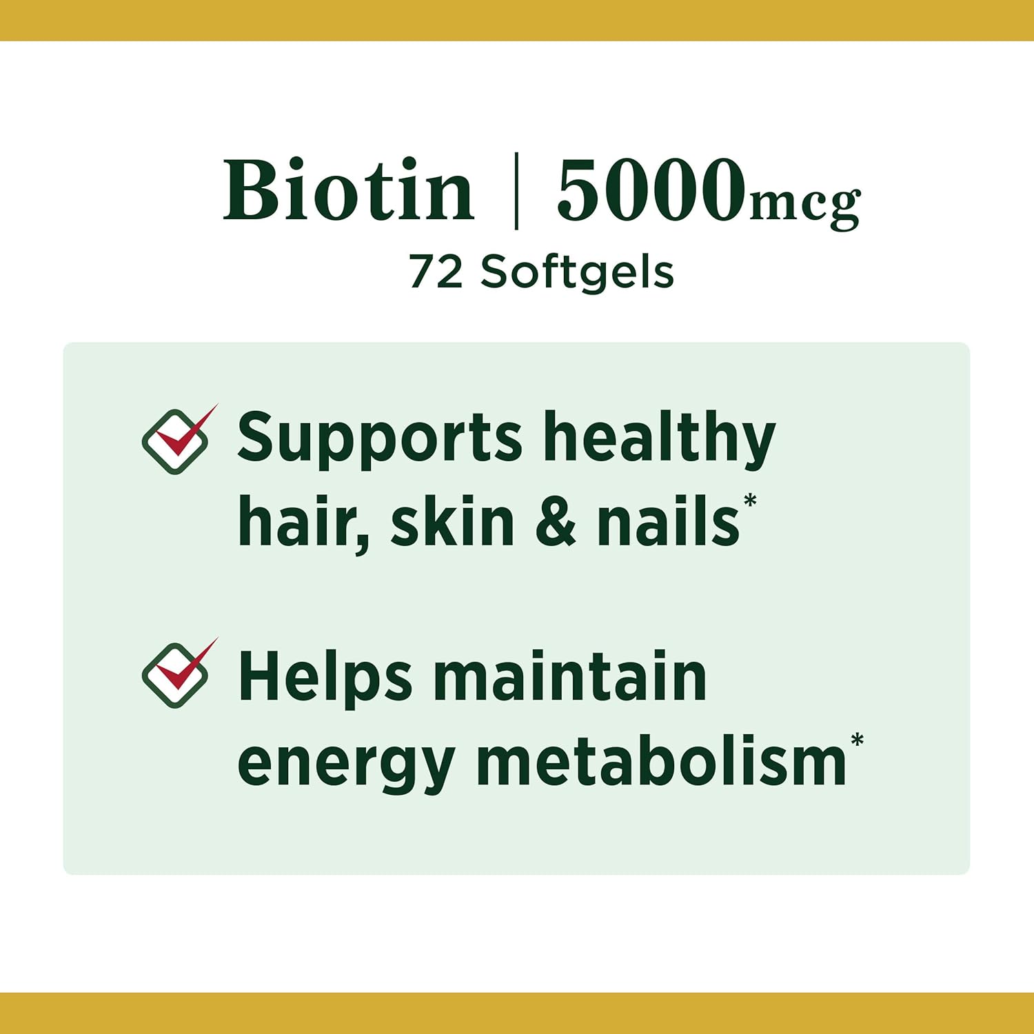 Nature's Bounty Biotin, Vitamin Supplement, Supports Metabolism for Energy and Healthy Hair, Skin, and Nails, 5000 mcg, 72 Softgels : Health & Household
