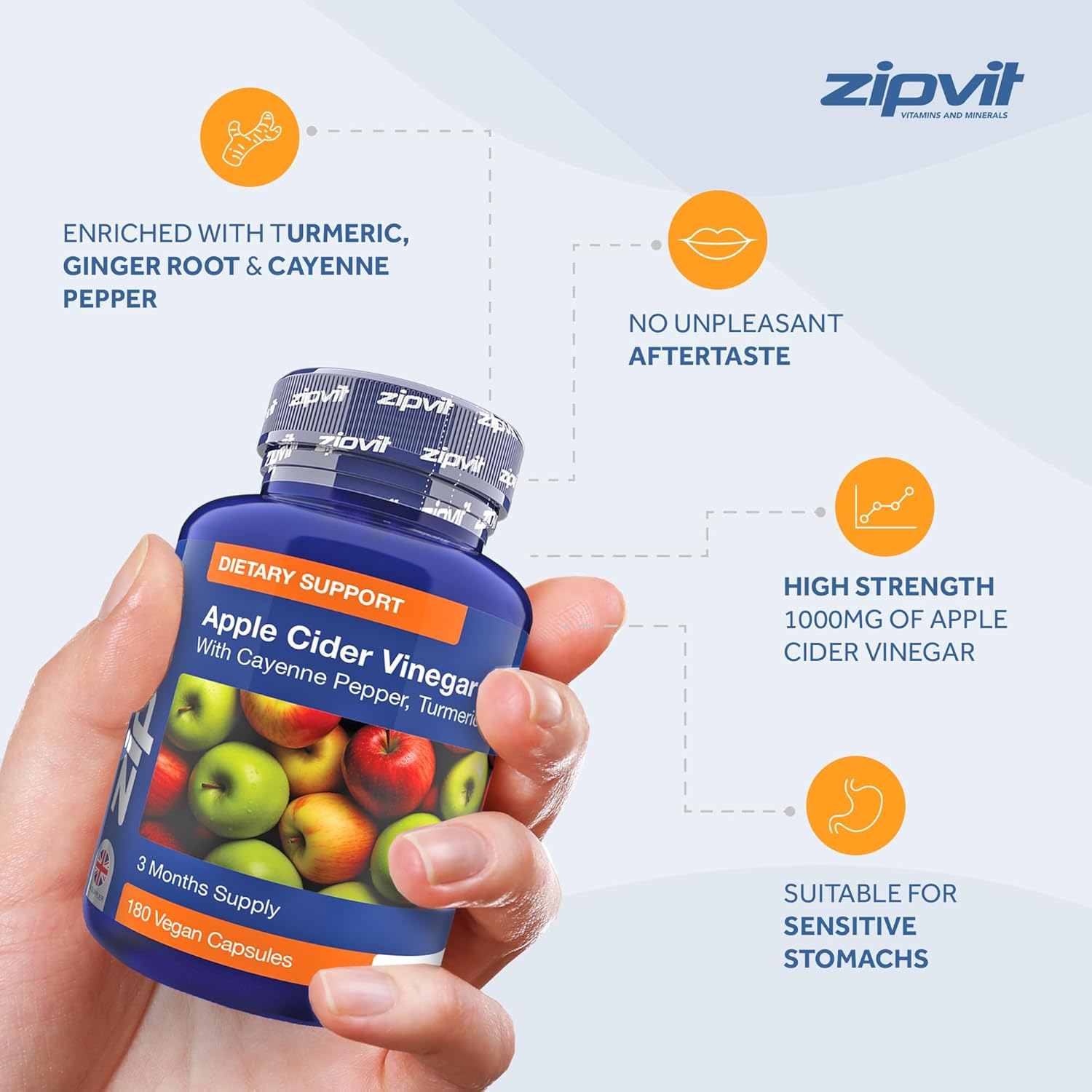 Zipvit Apple Cider Vinegar Capsules 1000mg, High Strength ACV with Turmeric, Ginger and Cayenne Pepper, 180 Vegan Tablets, 3 Months Supply : Amazon.co.uk: Health & Personal Care
