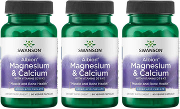 Swanson Albion Chelated Magnesium '&' Calcium 2:1 90 Veg Capsules (3 Pack)