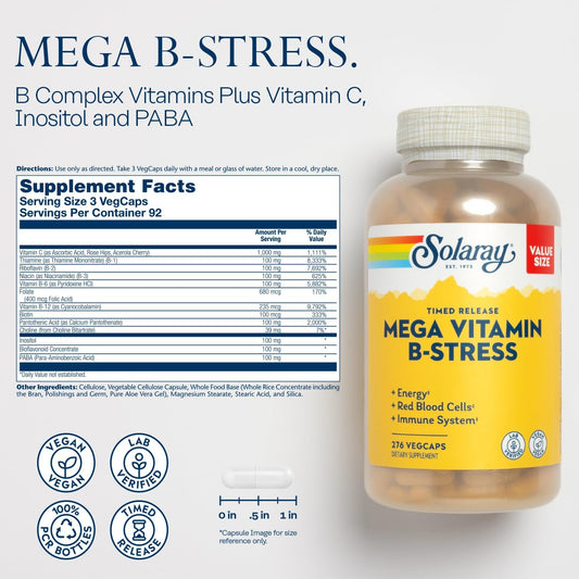 Solaray Mega Vitamin B Stress And Magnesium Glycinate 350Mg Bundle - Timed Release Vitamin B Complex W/Vit C, Chelated Magnesium Bisglycinate - Energy, Relaxation And Immune Support, Vegan, 276/240Ct