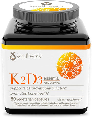 Youtheory K2 And D3 Daily Vitamin Supplement For Calcium Absorption, Bone Strength And Cardiovascular Support, 60 Vegetarian Capsules