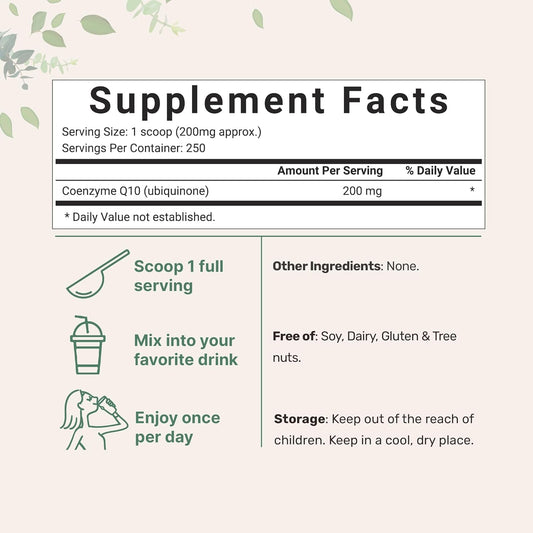Micro Ingredients Water Soluble Coq10 Supplement (Coq10 200Mg Per Serving In Powder Form), 50 Grams (8 Months Supply), Extra Absorption, Support Heart Health And Energy Production, Vegan Friendly