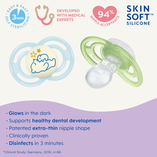 Mam Perfect Baby Pacifier, Patented Nipple, Developed With Pediatric Dentists & Orthodontists, 2 Pack, 6-16 Months, Boy