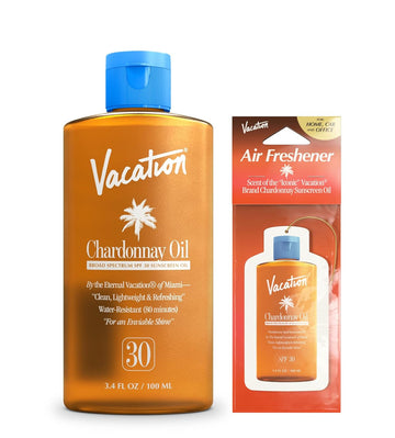 Vacation Chardonnay Oil Spf 30 & Air Freshener Bundle, Hydrating & Nourishing, Lightweight, Transparent On All Skin Tones, Water-Resistant, Travel Size Sunscreen, 3.4 Fl. Oz