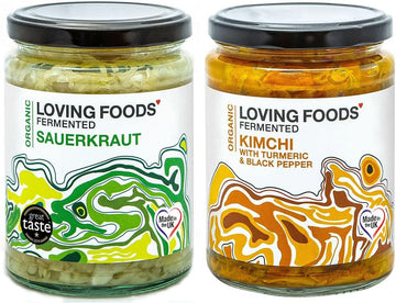 Loving Foods Award-Winning *Organic & Made In The Uk* Sauerkraut & Kimchi With Turmeric And Black Pepper (2 X 475G) Raw, Unpasteurised & Bursting With Beneficial Live Bacteria (2 X Jars)