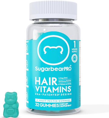 Sugarbear Hair Vitamins - Biotin, Zinc, Iodine, Vitamin E, Folic Acid, Inositol - Vegan Gummies For Hair And Nails, Supplement For Women & Men (1 Month Supply + Bonus Gift)