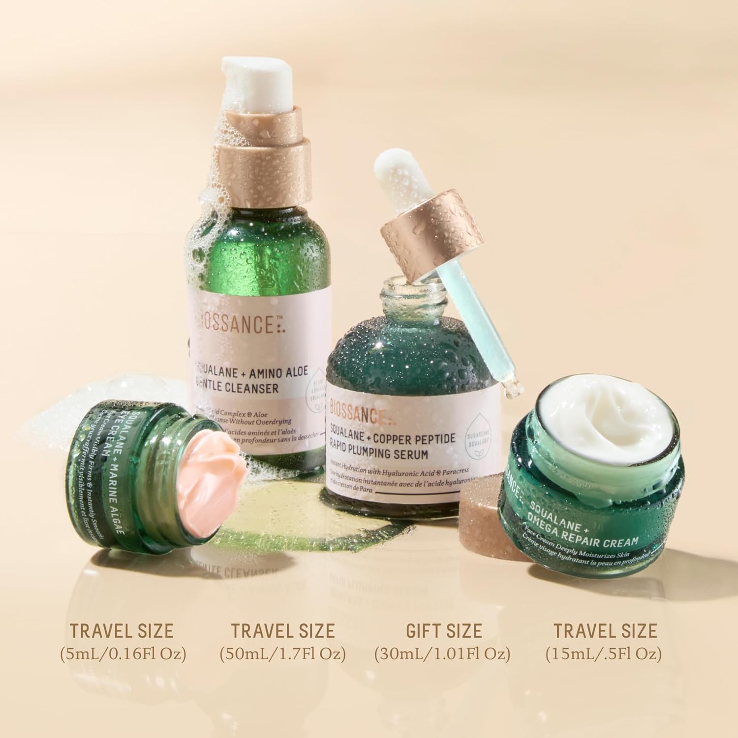 Biossance Plump And Hydrate Skincare Set - Amino Aloe Gentle Foaming Cleanser, Marine Algae Eye Cream, Copper Peptide Rapid Plumping Serum & Omega Moisturizer For Face Lock In Hydration For Your Skin : Beauty & Personal Care