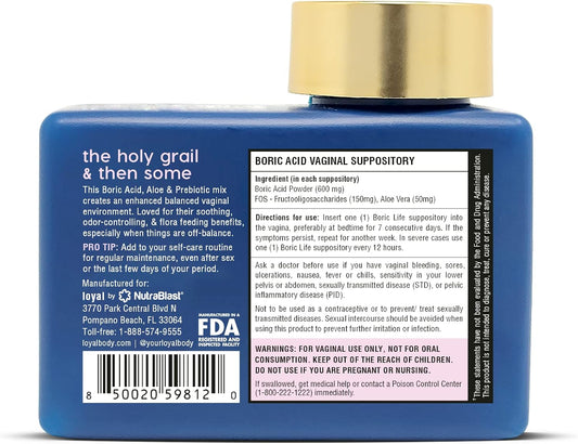 Loyal Boric Life Plus – Boric Acid Vaginal Suppositories With Aloe & Fos Prebiotic, Ph Balance And Odor Control, 30 Count