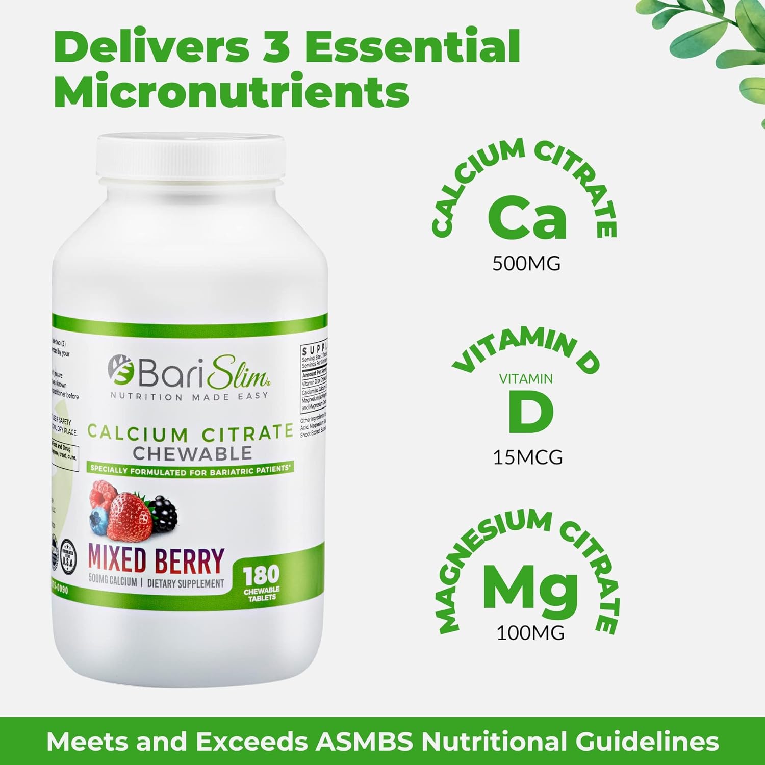 BariSlim Bariatric Calcium Citrate with Magnesium and Vitamin D Tabs - 500 mg of Calcium Citrate Per Serving - Formulated for Patients After Weight Loss Surgery | Mixed Berry (90 Servings) : Health & Household