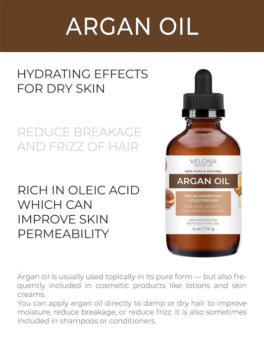 velona Argan Oil - 4 oz (With Dropper) | Morocco Oil For Hair Growth, Skin, Body and Face Care | Unrefined, Cold Pressed | 100% Natural and Moisturizing Carrier Oil | Cap Kit