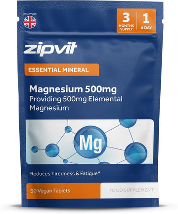 Zipvit Magnesium 500Mg, 90 Vegan Tablets, High Strength Magnesium Supplement, Supports Bones And Teeth, Muscle Energy, Reduces Tiredness And Fatigue, 3 Month Supply
