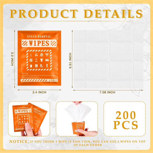 200 Pcs Stain Remover Wipes Individual Wrapped Wipes Stain Remover Mini Stain Remover Wipes For Clothes Fabric Laundry Stain Carpet Baby Messy Eater Car Seat Upholster (Orange)